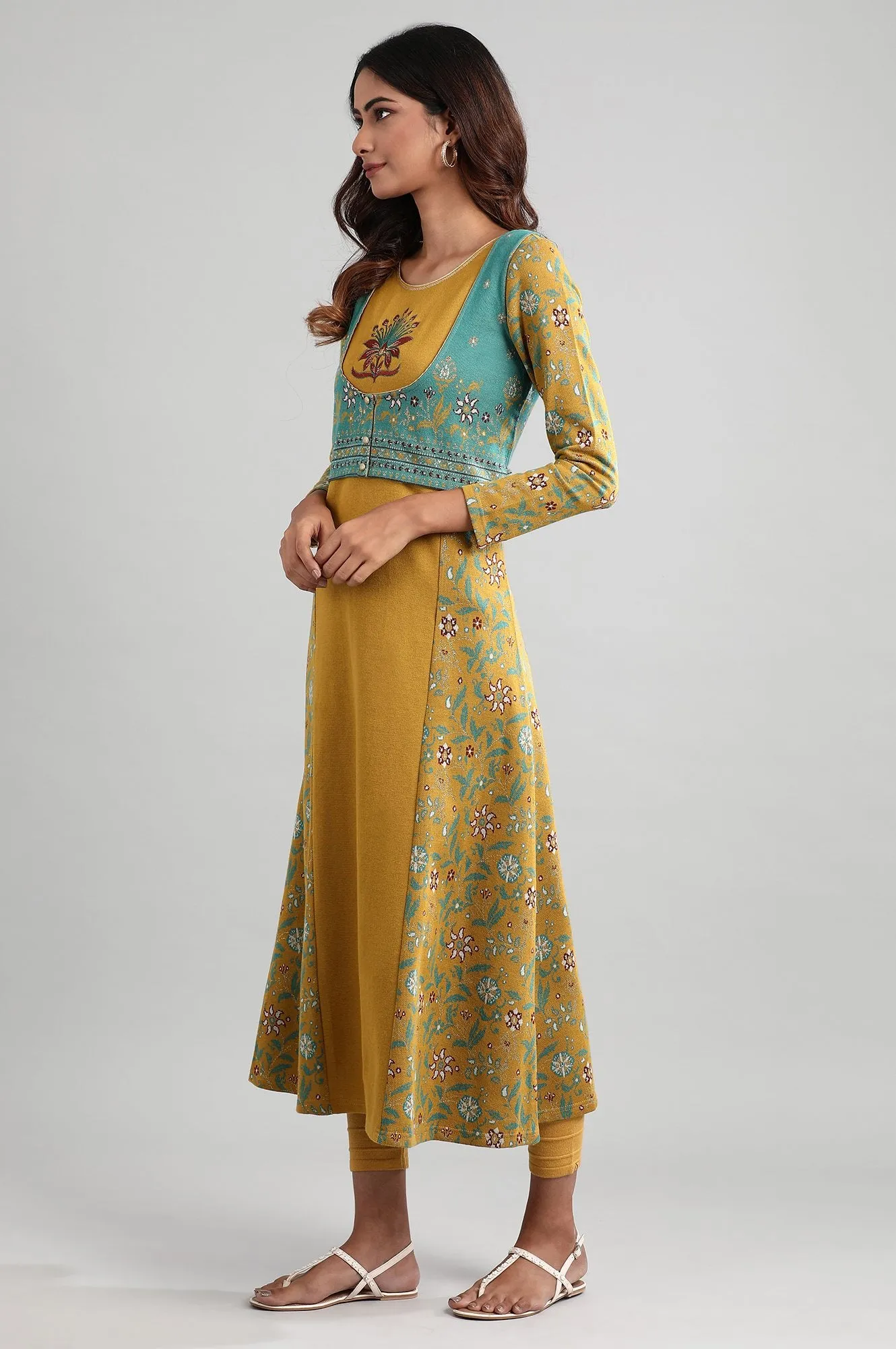 Yellow Round Neck Winter kurta