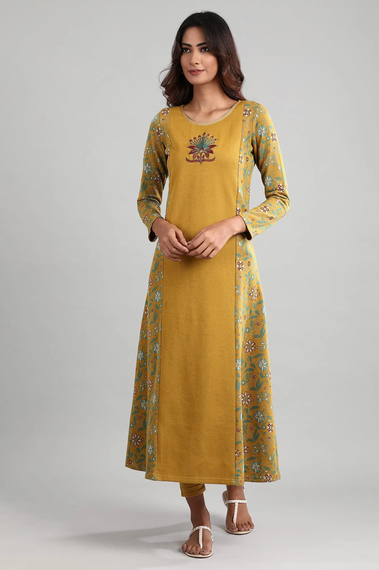 Yellow Round Neck Winter kurta