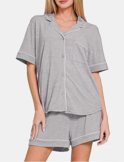 Zenana Button Down Short Sleeve Top and Shorts Lounge Set