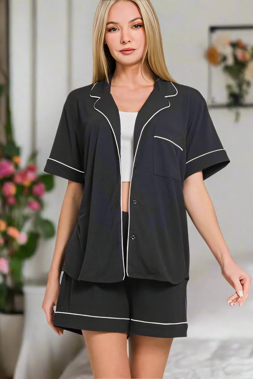 Zenana Button Down Short Sleeve Top and Shorts Lounge Set