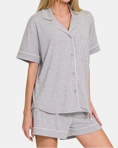 Zenana Button Down Short Sleeve Top and Shorts Lounge Set