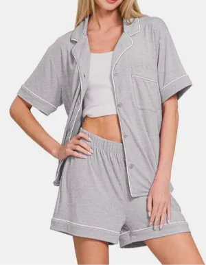 Zenana Button Down Short Sleeve Top and Shorts Lounge Set