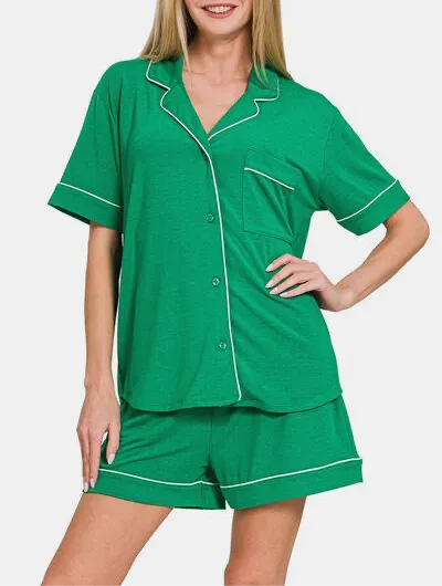 Zenana Button Down Short Sleeve Top and Shorts Lounge Set