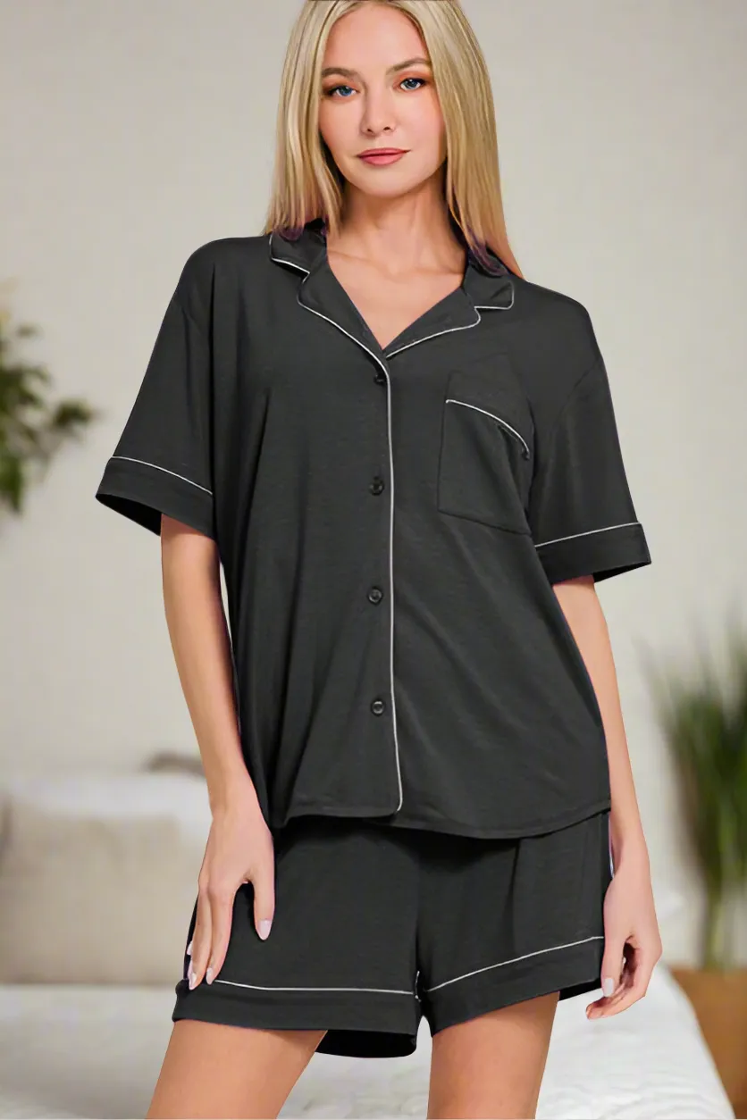 Zenana Button Down Short Sleeve Top and Shorts Lounge Set