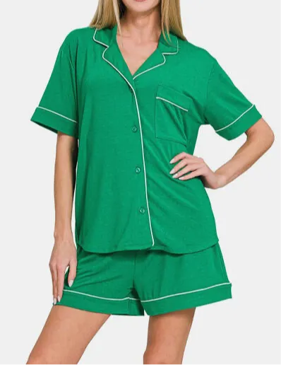 Zenana Button Down Short Sleeve Top and Shorts Lounge Set