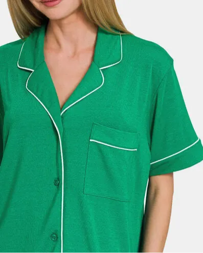 Zenana Button Down Short Sleeve Top and Shorts Lounge Set
